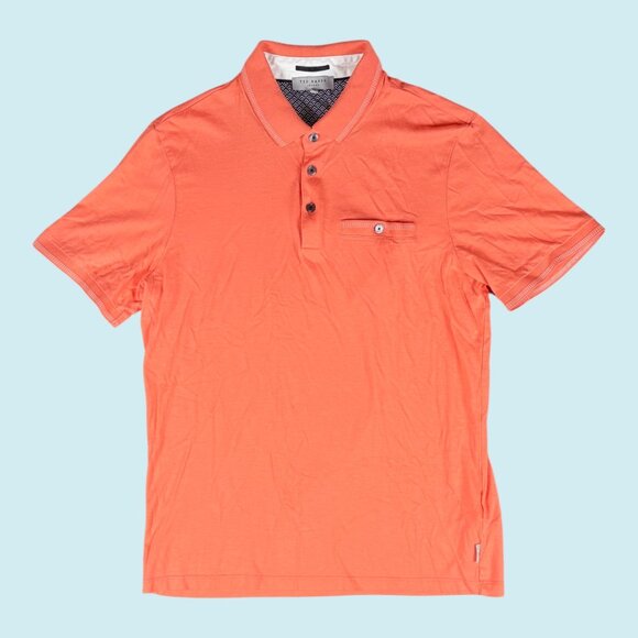 TED BAKER LONDON Polo Men's Size 3 Medium Coral Tortilla Pocket Birdseye Stripe - Picture 1 of 9